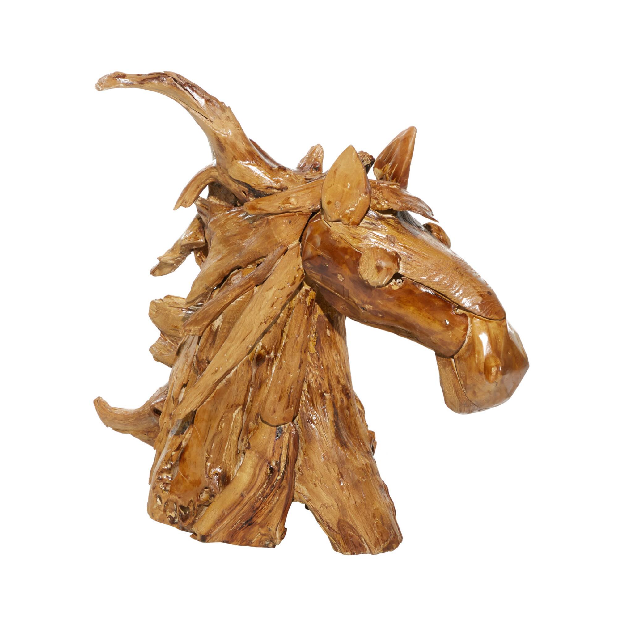 Brown Teak Wood Natural Horse Sculpture 23" x 25" x 10"